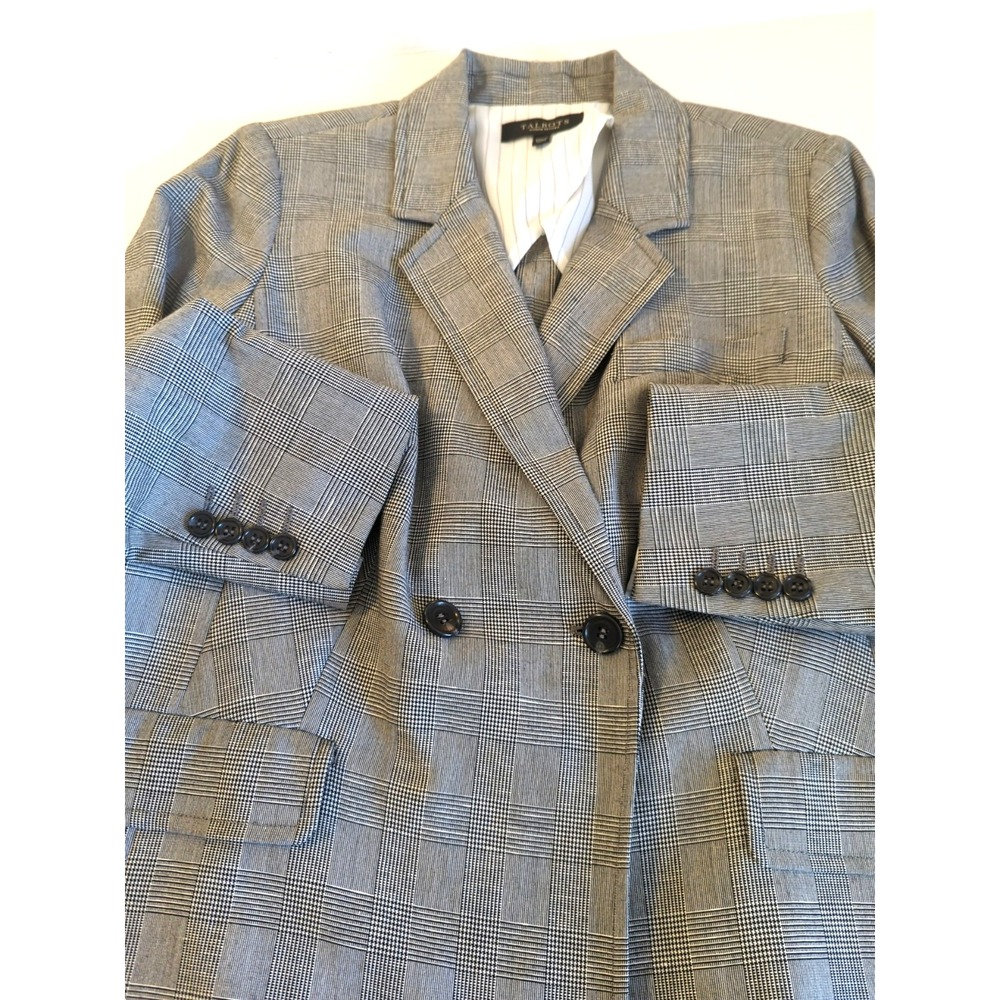 New Linen Blend Blazer Women 12WP Talbots Windowpane Plaid Black White Classic